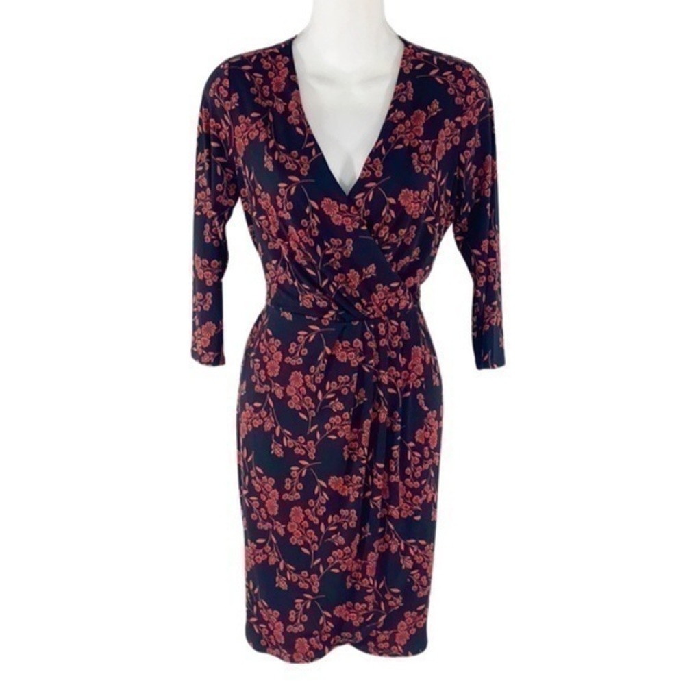 Tahari black red floral print 3/4 sleeve faux wrap v-neck stretch dress 4